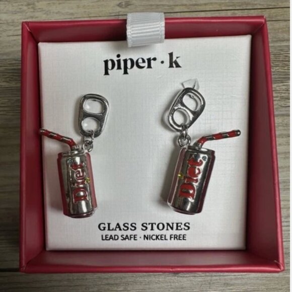 Piper K Silver Tone  & Red Enamel Diet Coke & Straw Drop Earrings New. in Box - Picture 2 of 3